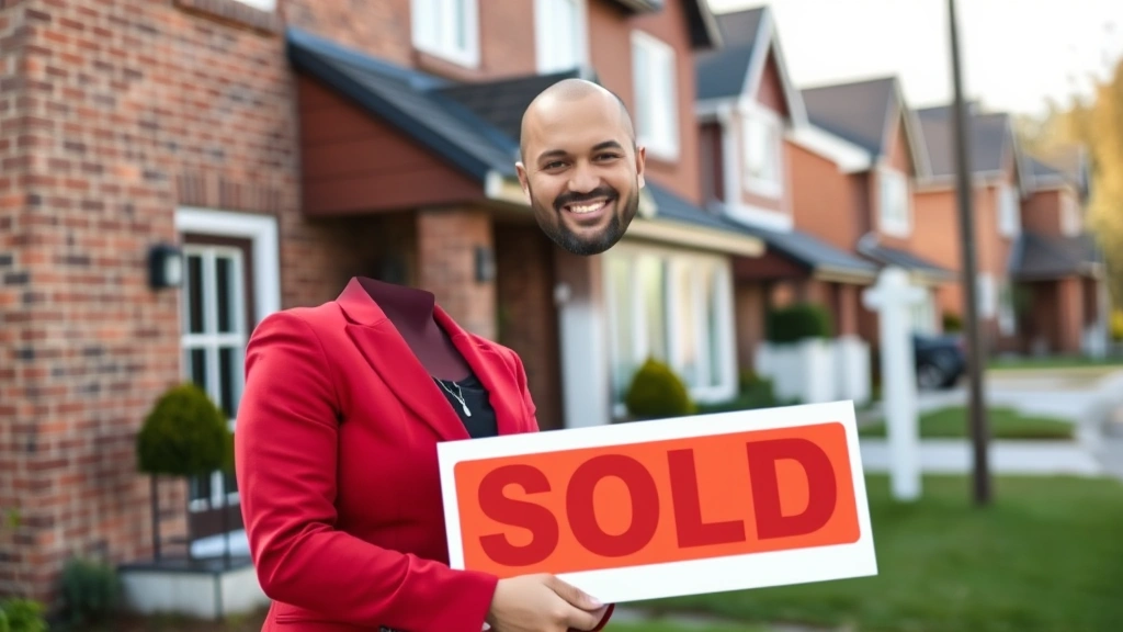 Real estate agent holding sold sign in front of brick home, professional attire, confident expression, residential street background, natural lighting