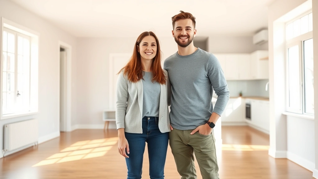 Young couple standing in empty home interior, natural light from windows, hardwood floors, neutral walls, bright kitchen visible in background, genuine smiling expressions
