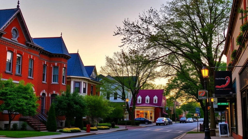 Bethlehem Pennsylvania historic South Side Victorian homes with brick facades, mature trees, and pedestrian-friendly street lined with local shops and galleries at dusk