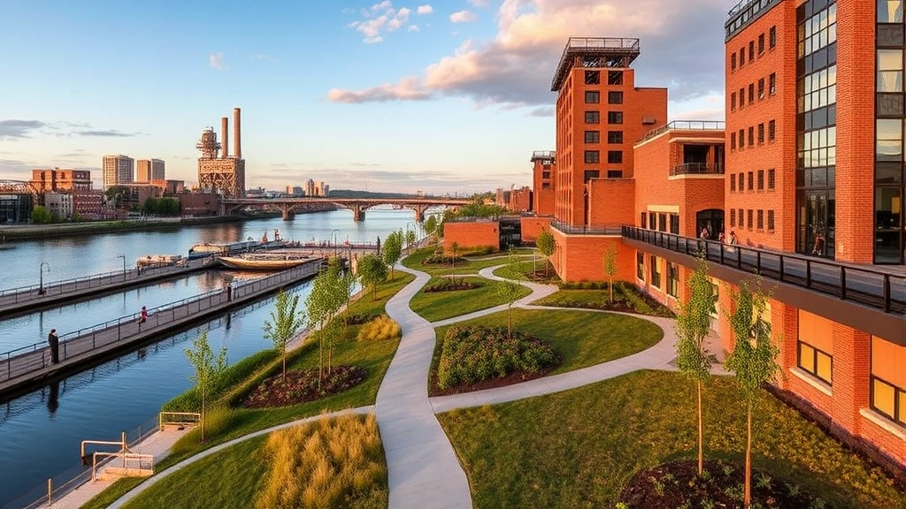 Bethlehem Steel Stacks waterfront park area with river views, walking trails, green space, and modern city infrastructure reflecting urban revitalization