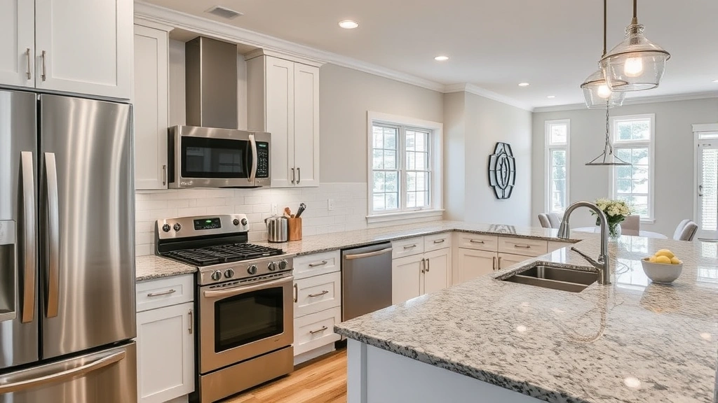 Modern kitchen renovation with stainless steel appliances, granite countertops, white cabinetry, and open floor plan in residential home
