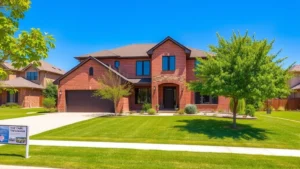 Modern two-story Bismarck home with brick exterior, manicured lawn, mature trees, clear blue sky, beautiful curb appeal, residential neighborhood setting