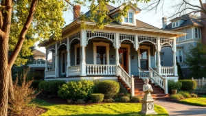 Charming Victorian mansion with wrap-around porch and manicured gardens, Butte Montana historic neighborhood, afternoon light, well-maintained exterior