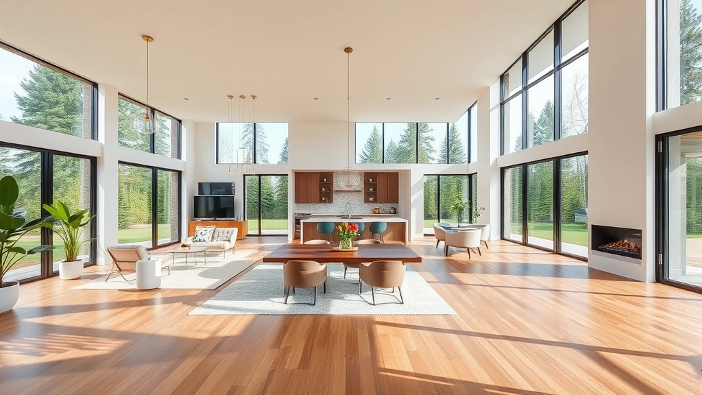 Modern contemporary home with open floor plan living area, large windows, hardwood floors, neutral interior design, bright natural lighting