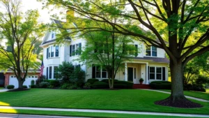 Beautiful two-story colonial home with white trim, mature trees, and manicured lawn in established Cedar Rapids neighborhood, morning sunlight, welcoming curb appeal