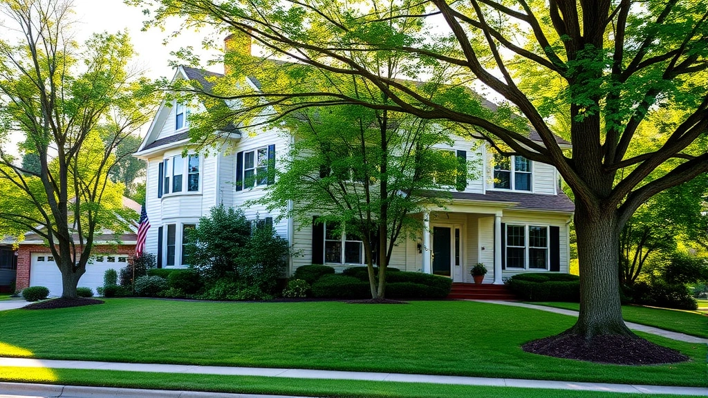 Beautiful two-story colonial home with white trim, mature trees, and manicured lawn in established Cedar Rapids neighborhood, morning sunlight, welcoming curb appeal