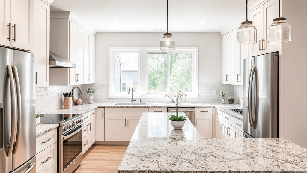 Modern kitchen renovation with white cabinetry, granite countertops, stainless steel appliances, and bright natural light in contemporary Cedar Rapids home