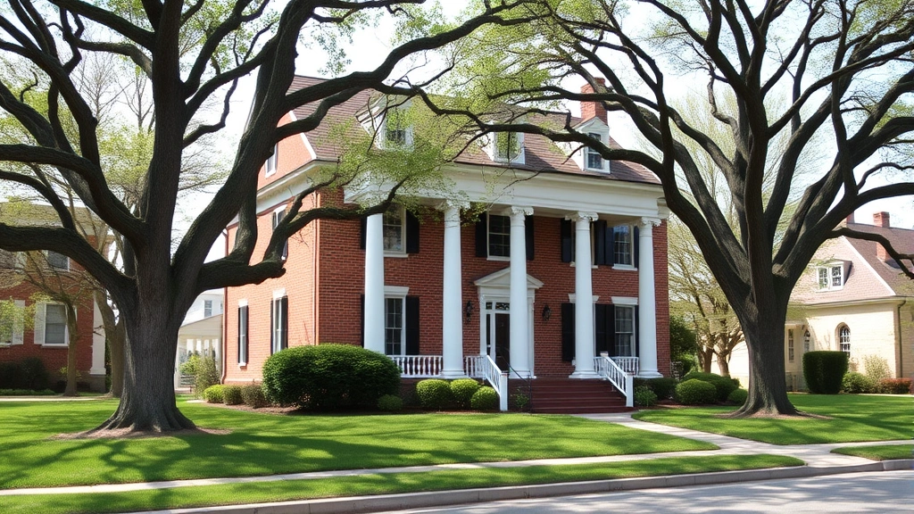 Charming historic brick colonial home with white columns, mature oak trees, manicured lawn, Columbia Missouri residential street with period architecture