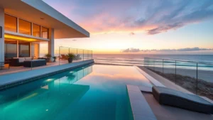 Luxurious modern beachfront home with Gulf views, glass railings, infinity pool overlooking turquoise water, contemporary architecture, sunset lighting, Padre Island coastal setting