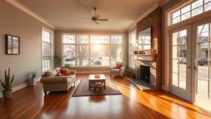 Spacious living room with hardwood floors, fireplace, and large windows overlooking a tree-lined Dubuque street, warm afternoon sunlight