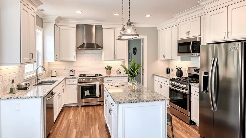 Modern kitchen with stainless steel appliances, granite countertops, white cabinetry, and island seating in a recently renovated Dubuque home