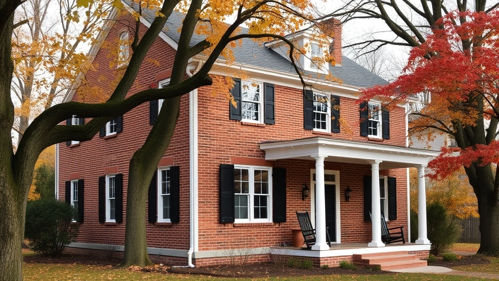 Charming brick colonial home with white trim, black shutters, wraparound porch with rocking chairs, mature oak and maple trees, autumn setting