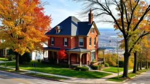 Charming brick Victorian home on tree-lined Dubuque street with manicured lawn and autumn foliage, Mississippi River valley landscape visible in background