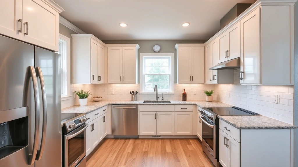 Modern updated kitchen with stainless steel appliances, granite countertops, and white cabinetry in contemporary Dubuque home, natural lighting from windows