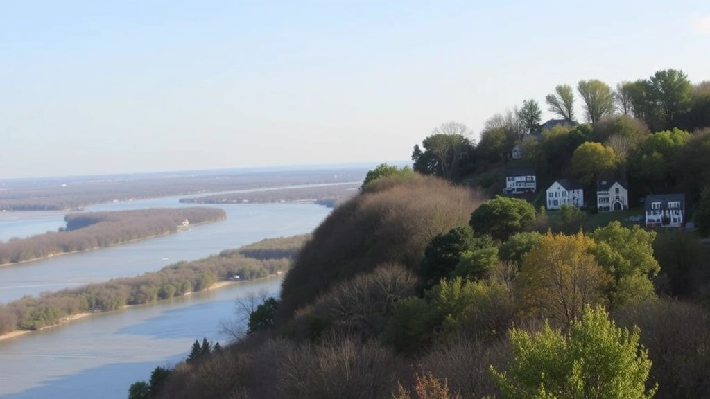 Scenic Mississippi River overlook from elevated Dubuque neighborhood showing bluff landscape, river views, and residential properties nestled among mature trees