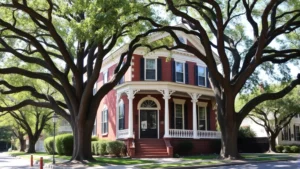Beautiful historic Victorian home with wraparound porch, mature oak trees, brick facade, established neighborhood street, natural daylight, professional real estate photography