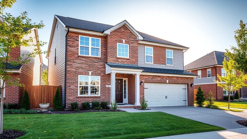 Modern two-story suburban home with brick and siding exterior, manicured landscaping, driveway, contemporary architectural style, new construction neighborhood, bright afternoon lighting