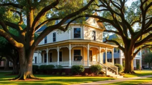 Beautiful historic Victorian home with wraparound porch and mature oak trees in downtown Florence neighborhood, warm afternoon lighting, well-maintained landscaping