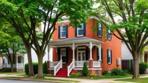 Charming historic Victorian home in downtown Frankfort Kentucky with brick facade, white trim, front porch, and mature trees on residential street