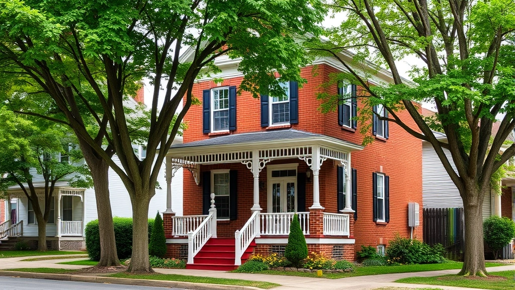 Charming historic Victorian home in downtown Frankfort Kentucky with brick facade, white trim, front porch, and mature trees on residential street