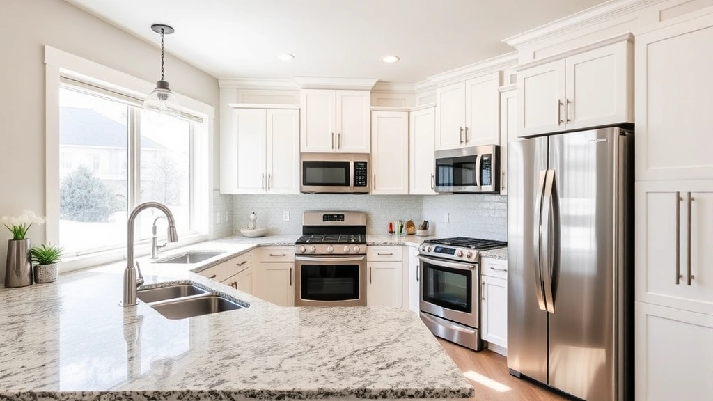 Modern suburban kitchen with stainless steel appliances, white cabinetry, granite countertops, and bright natural lighting in contemporary Frankfort home