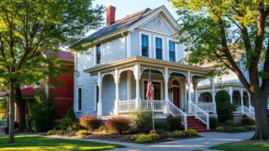 Charming Victorian home with wrap-around porch and mature landscaping in historic downtown Greensburg neighborhood, afternoon sunlight, well-maintained exterior