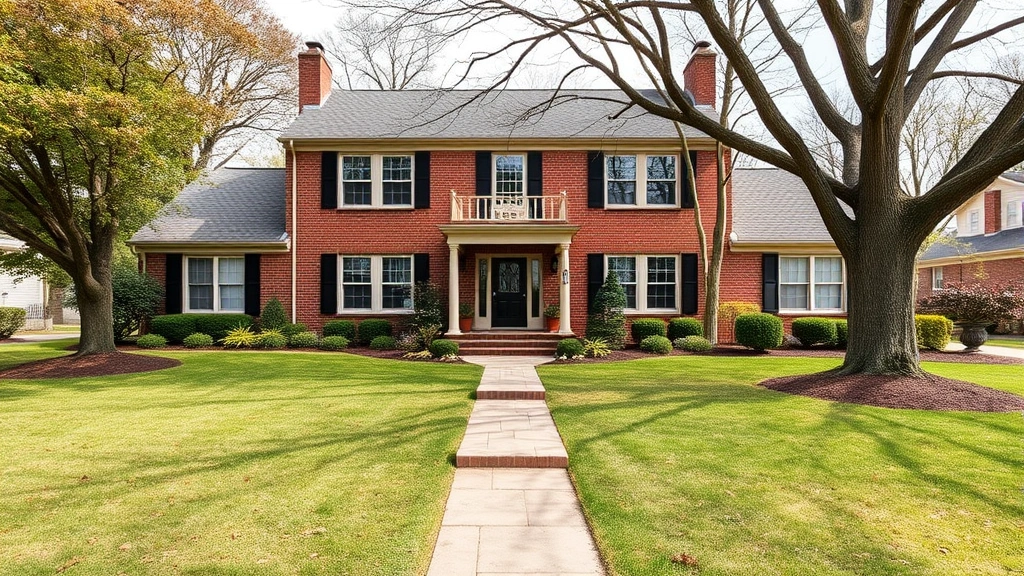 Spacious colonial-style family home with brick facade, large front yard, mature trees, and welcoming entrance in established Greensburg Heights neighborhood