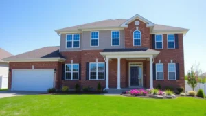 Modern two-story home with brick and vinyl siding, white trim, manicured lawn, landscaped flower beds, driveway with attached garage, clear blue sky, professional real estate photography style
