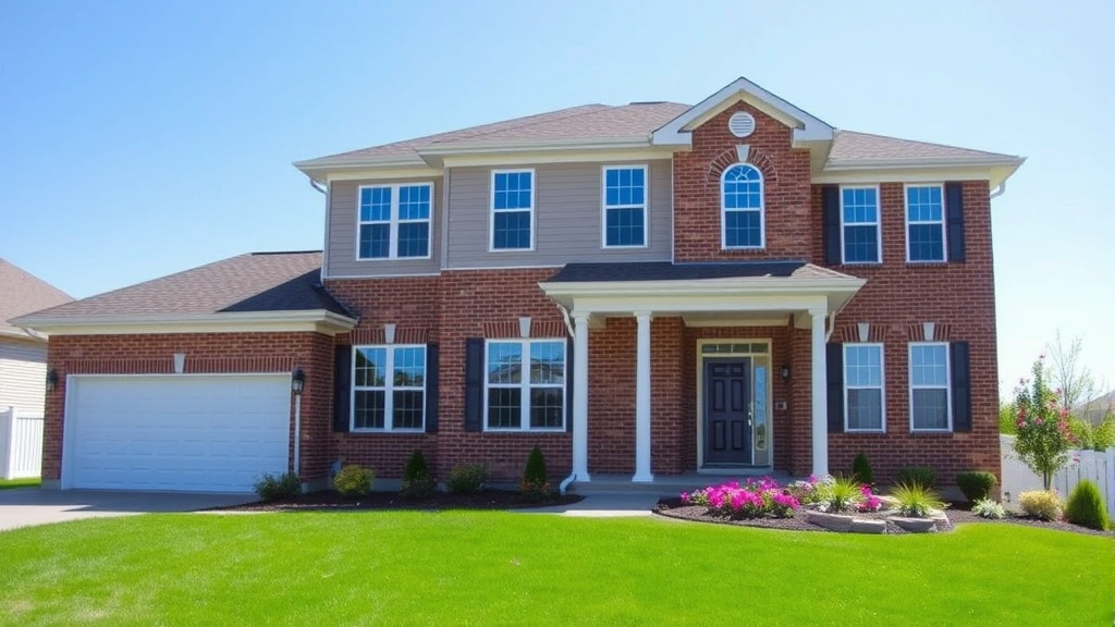 Modern two-story home with brick and vinyl siding, white trim, manicured lawn, landscaped flower beds, driveway with attached garage, clear blue sky, professional real estate photography style