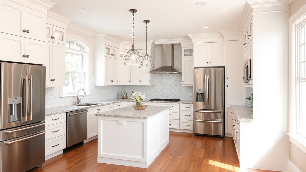 Upscale kitchen interior with white cabinetry, granite countertops, stainless steel appliances, pendant lighting, hardwood flooring, bright natural light from windows, contemporary design