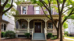 Beautiful Victorian-era home exterior in Harrisburg Midtown district with restored historic architecture, welcoming front porch, and mature trees, daytime photography