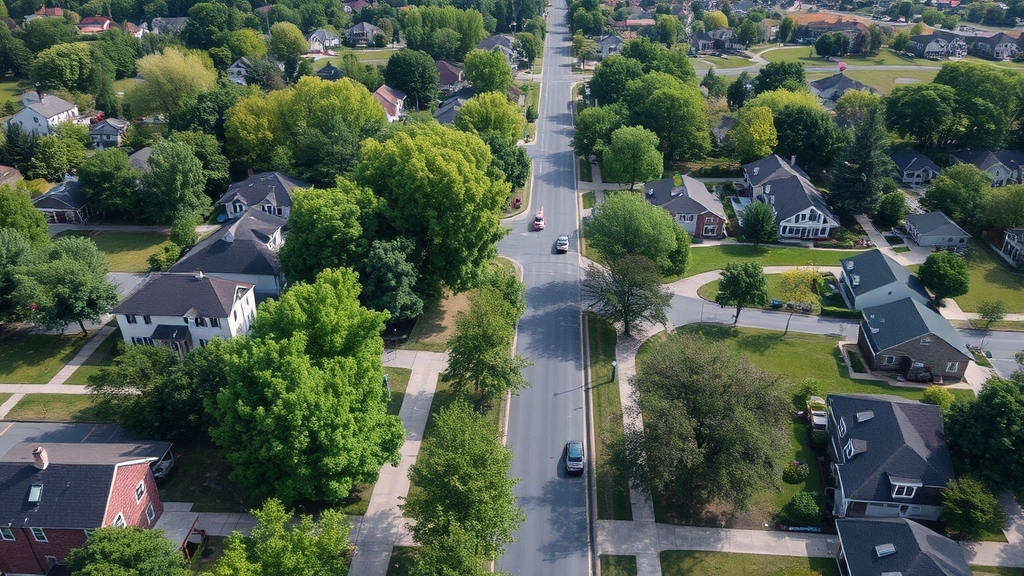 Aerial view of Harrisburg neighborhood street with tree-lined properties, suburban homes, and community park, showcasing residential area appeal