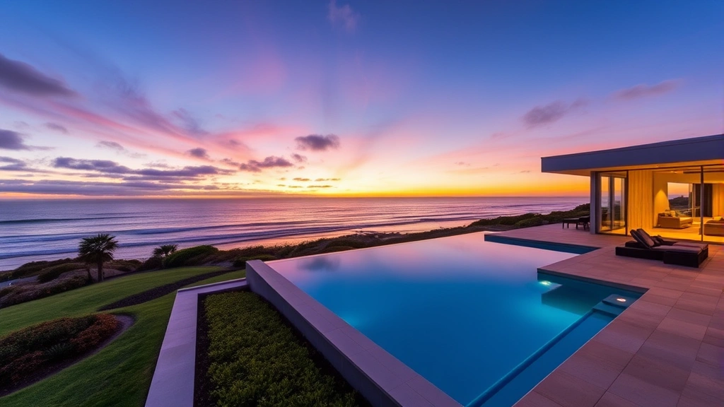 Luxury oceanfront Huntington CA property with sunset view, infinity pool, modern architecture, and manicured landscaping overlooking Pacific Ocean