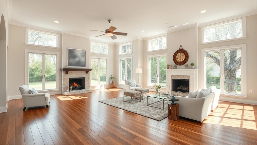 Spacious bright living room with hardwood floors, fireplace, large windows showing mature trees, neutral furnishings, welcoming Southern home interior aesthetic