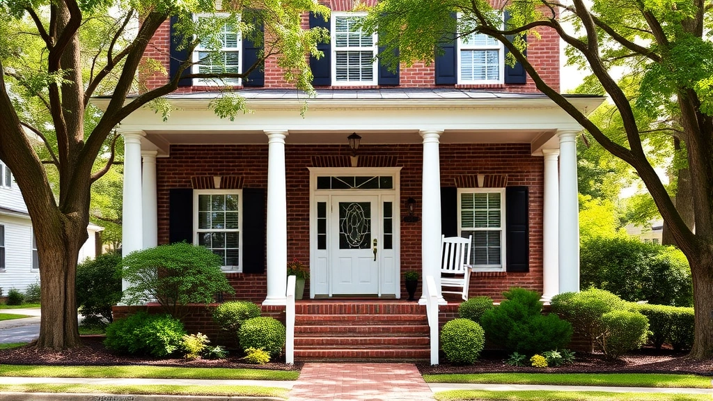 Charming front exterior of traditional colonial style home with white columns, brick facade, manicured landscaping, porch with rocking chairs, tree-lined street