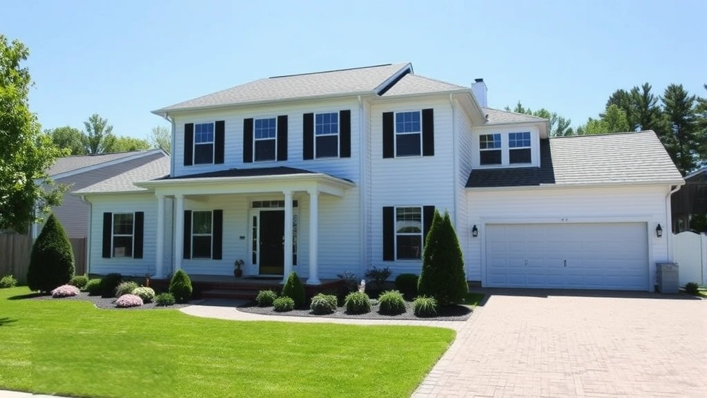 Modern two-story colonial home with white siding, black shutters, manicured front lawn, brick driveway, mature landscaping, clear blue sky, suburban setting