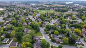 Aerial view of Arlington Heights suburban neighborhood with tree-lined streets, single-family homes with manicured lawns, and parks visible between residential blocks