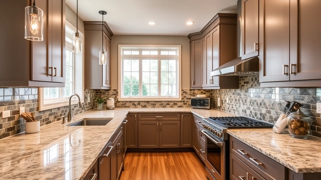 Modern kitchen in upscale Arlington Heights home featuring granite countertops, stainless steel appliances, and bright natural lighting from large windows