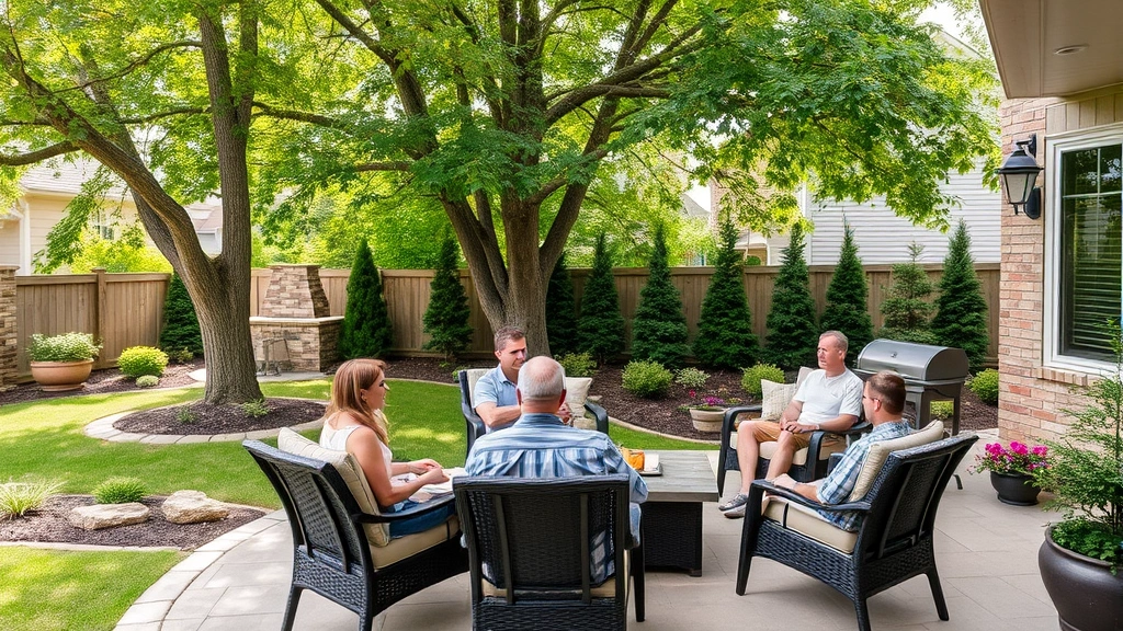 Family enjoying outdoor patio in Arlington Heights backyard with mature trees, landscaping, and comfortable seating area during pleasant weather