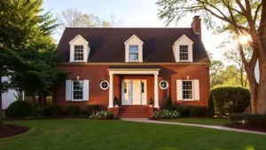 Charming brick colonial-style home with white shutters and manicured lawn in Asheboro neighborhood, afternoon sunlight, welcoming front entrance with mature trees