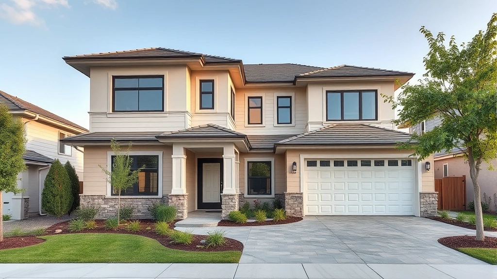 Modern suburban two-story home with contemporary architecture, neutral exterior colors, and well-maintained landscaping, wide angle showing full facade and driveway