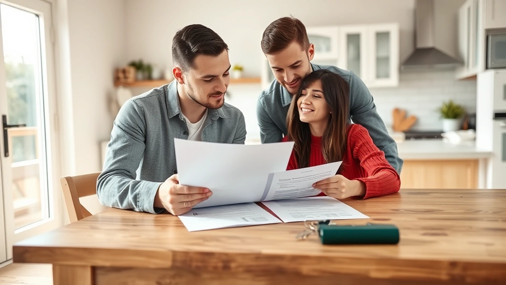 Real estate agent and young couple reviewing documents at kitchen table in newly purchased home, natural lighting, professional and friendly atmosphere, paperwork and keys visible