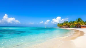 Beachfront property with turquoise Caribbean water, palm trees, and white sand beach in Belize, sunny day, professional real estate photography