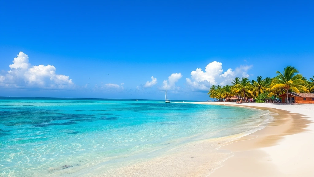 Beachfront property with turquoise Caribbean water, palm trees, and white sand beach in Belize, sunny day, professional real estate photography