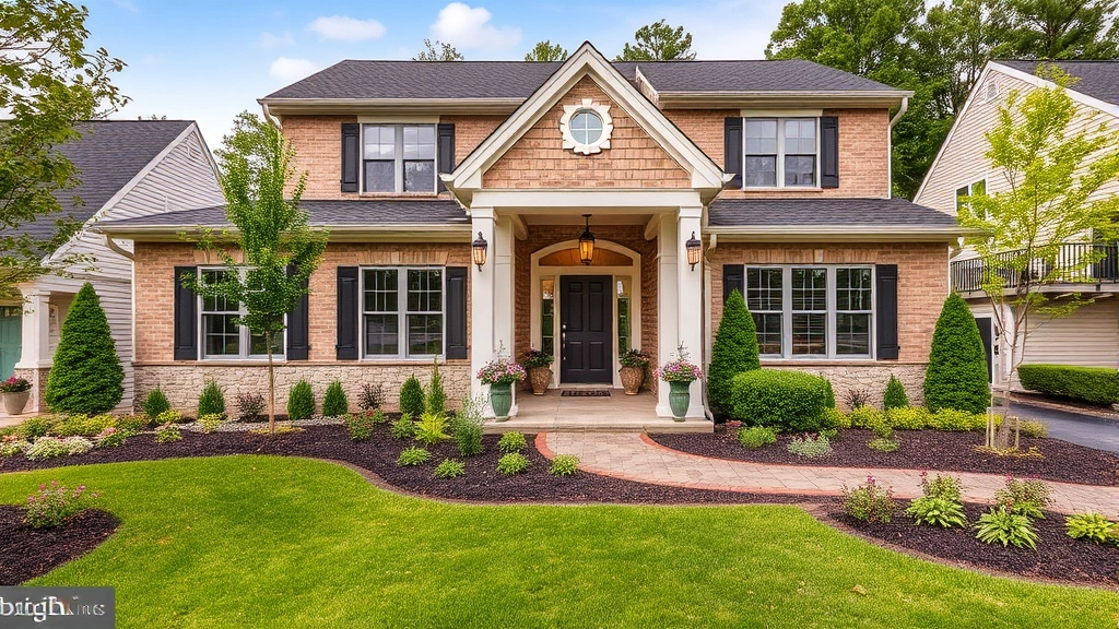 Modern suburban home exterior with manicured landscaping, welcoming entryway, and contemporary architectural design in Maryland neighborhood setting