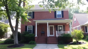 Charming two-story brick home with mature landscaping and front porch in residential Bowling Green neighborhood, dappled sunlight through trees, welcoming curb appeal