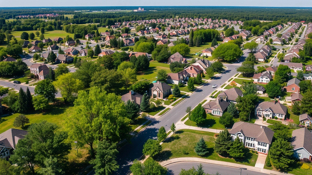 Aerial view of suburban Bowling Green residential community showing multiple homes, tree-lined streets, and green spaces on sunny day