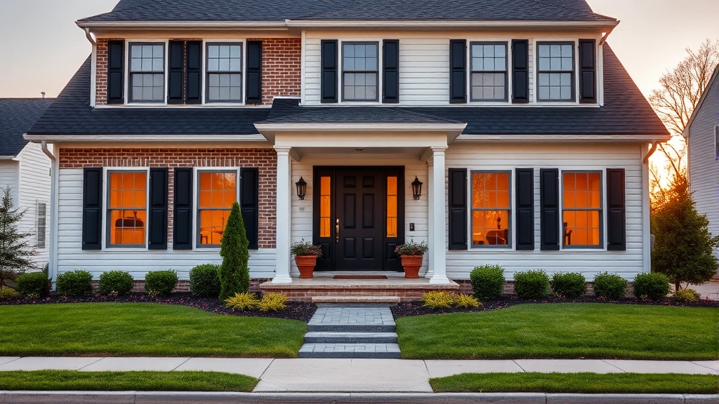 Beautiful modern Brick New Jersey home exterior with white siding, black shutters, manicured lawn and welcoming front entrance at golden hour