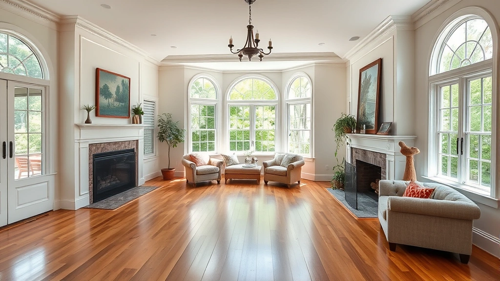 Spacious bright Brick NJ living room interior with hardwood floors, fireplace, crown molding, and large bay windows overlooking green trees