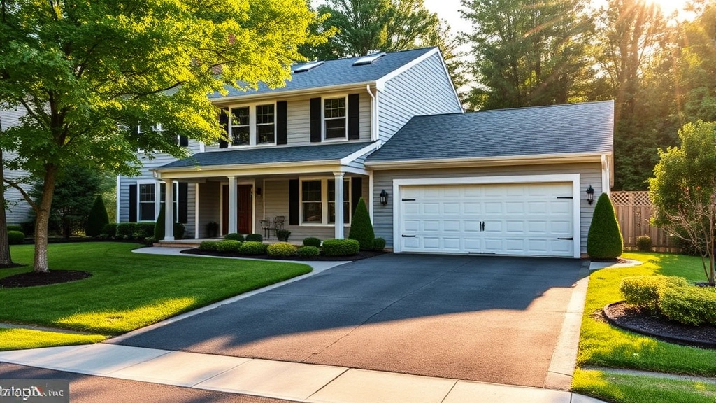 Modern suburban home with manicured lawn and two-car garage in Bucks County Pennsylvania, afternoon sunlight, professional real estate photography style